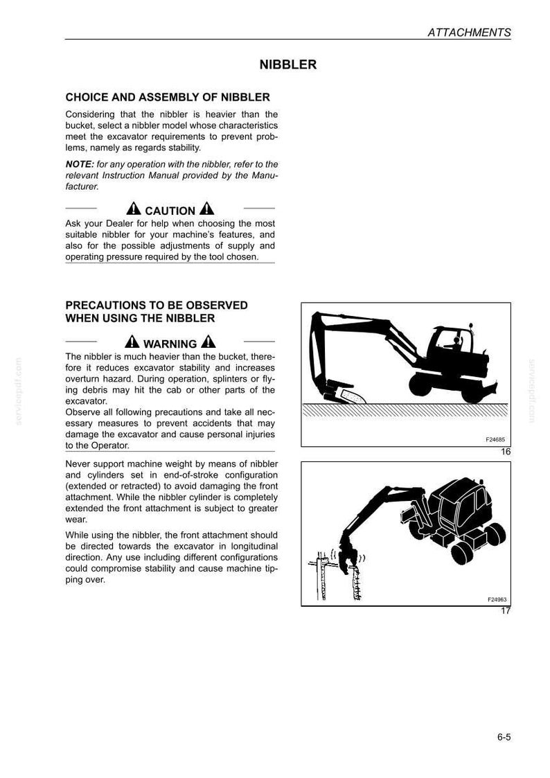 May include: A page from a manual titled "Nibbler" with text and diagrams. The text provides instructions and safety precautions for using a nibbler attachment on an excavator. Diagrams show the nibbler in use.