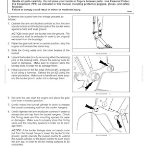 May include: Operating instructions for bucket replacement, including safety precautions and step-by-step procedures. Diagrams show the bucket, pins, and other components. Text includes warnings about injury and the need for protective equipment.