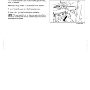 May include: Diagram of a cab interior with text describing rearward controls, specifically air recirculation louvers. The text explains the function and operation of the louvers, including how to open and close them.