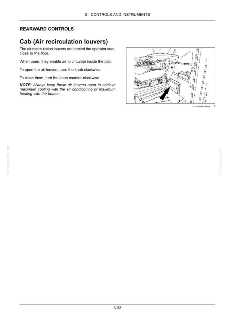 May include: Diagram of a cab interior with text describing rearward controls, specifically air recirculation louvers. The text explains the function and operation of the louvers, including how to open and close them.