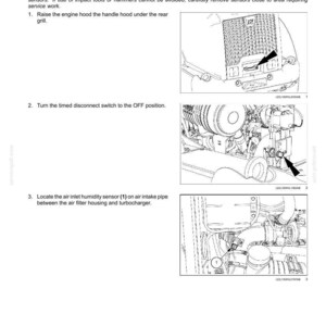 May include: Diagram of a Selective Catalytic Reduction (SCR) humidity sensor removal procedure. The image includes step-by-step instructions with illustrations, including raising the engine hood, turning off the disconnect switch, and locating the sensor.