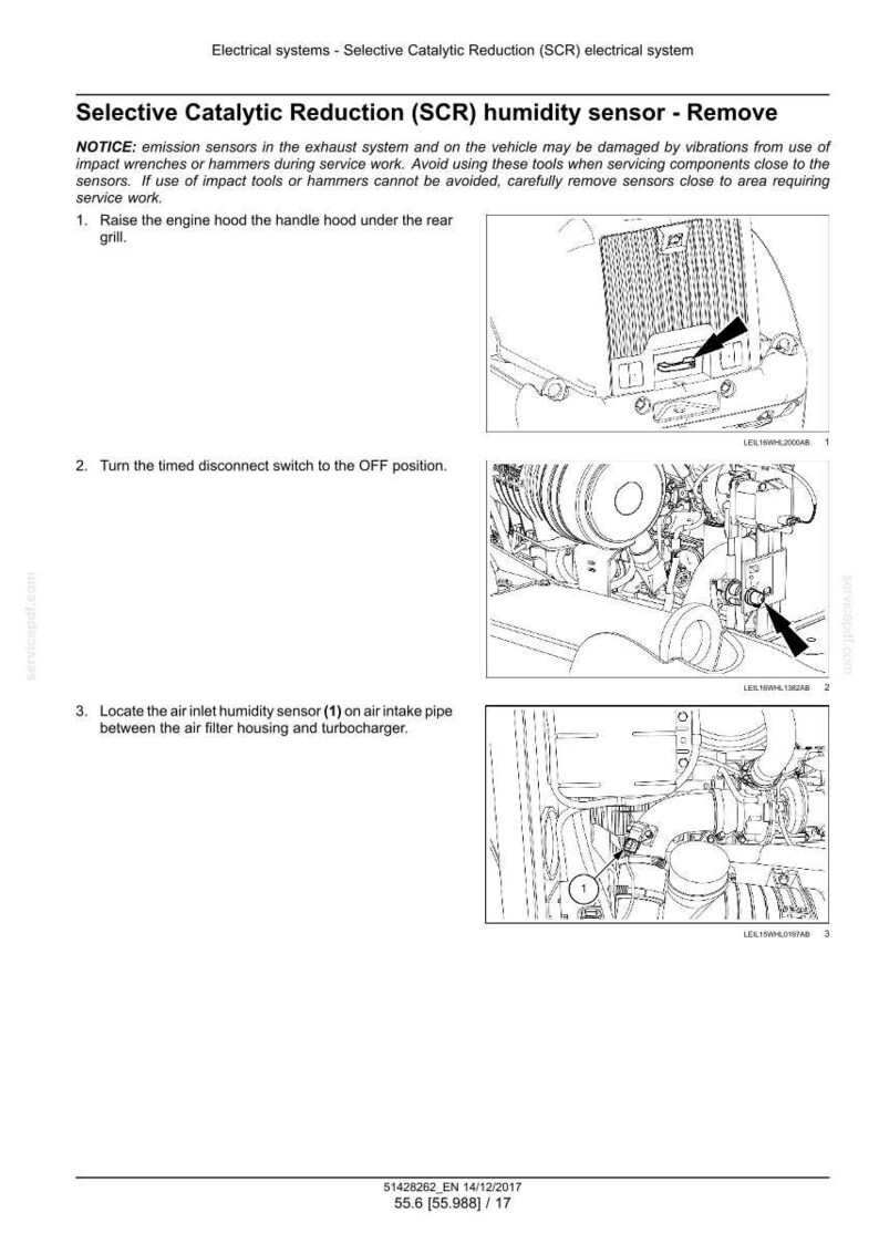 May include: Diagram of a Selective Catalytic Reduction (SCR) humidity sensor removal procedure. The image includes step-by-step instructions with illustrations, including raising the engine hood, turning off the disconnect switch, and locating the sensor.