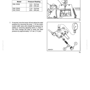 May include: Diagram from a manual showing a power take-off (PTO) system. The image includes a pressure gauge, a table with pressure readings in bar and psi, and an exploded view of a relief valve with numbered parts.