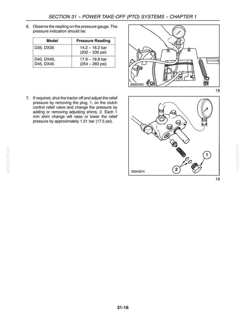 May include: Diagram from a manual showing a power take-off (PTO) system. The image includes a pressure gauge, a table with pressure readings in bar and psi, and an exploded view of a relief valve with numbered parts.