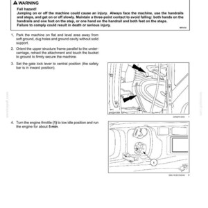 May include: Diagram from an operating manual showing instructions for parking a machine. The text includes a warning about fall hazards and steps to follow. Illustrations show machine components and control locations.