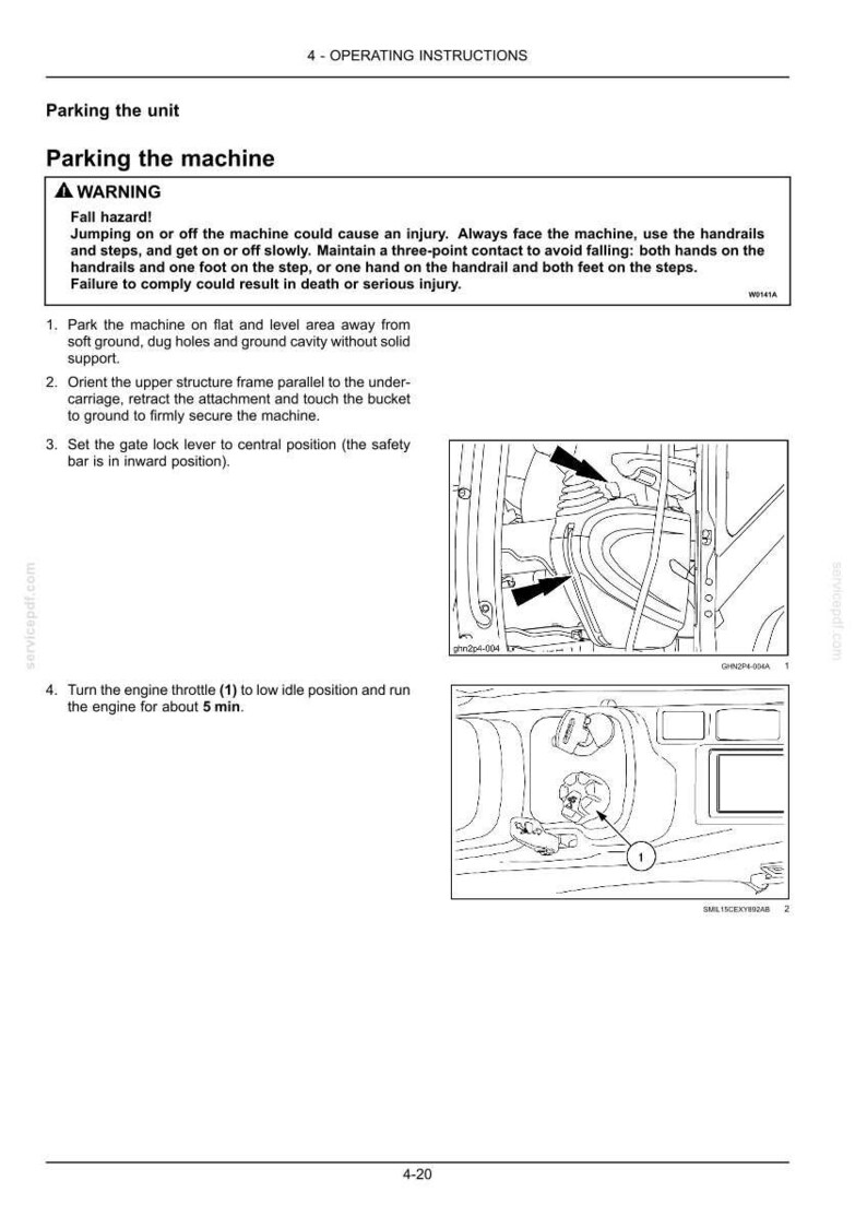 May include: Diagram from an operating manual showing instructions for parking a machine. The text includes a warning about fall hazards and steps to follow. Illustrations show machine components and control locations.