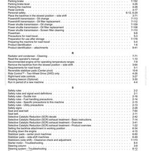 May include: A detailed table of contents from a manual, featuring various sections like safety rules, powertrain, and maintenance procedures. The text is in black font on a white background, with page numbers and section titles.