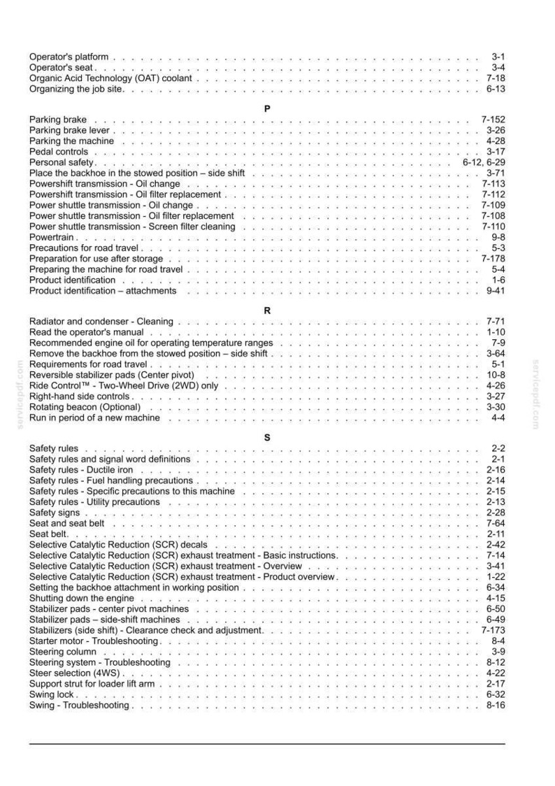 May include: A detailed table of contents from a manual, featuring various sections like safety rules, powertrain, and maintenance procedures. The text is in black font on a white background, with page numbers and section titles.