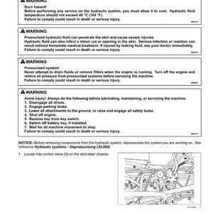 May include: A technical diagram detailing the removal of a ride control solenoid valve block from a hydraulic system. The document includes safety warnings about burn hazards and pressurized fluids, with instructions and diagrams.