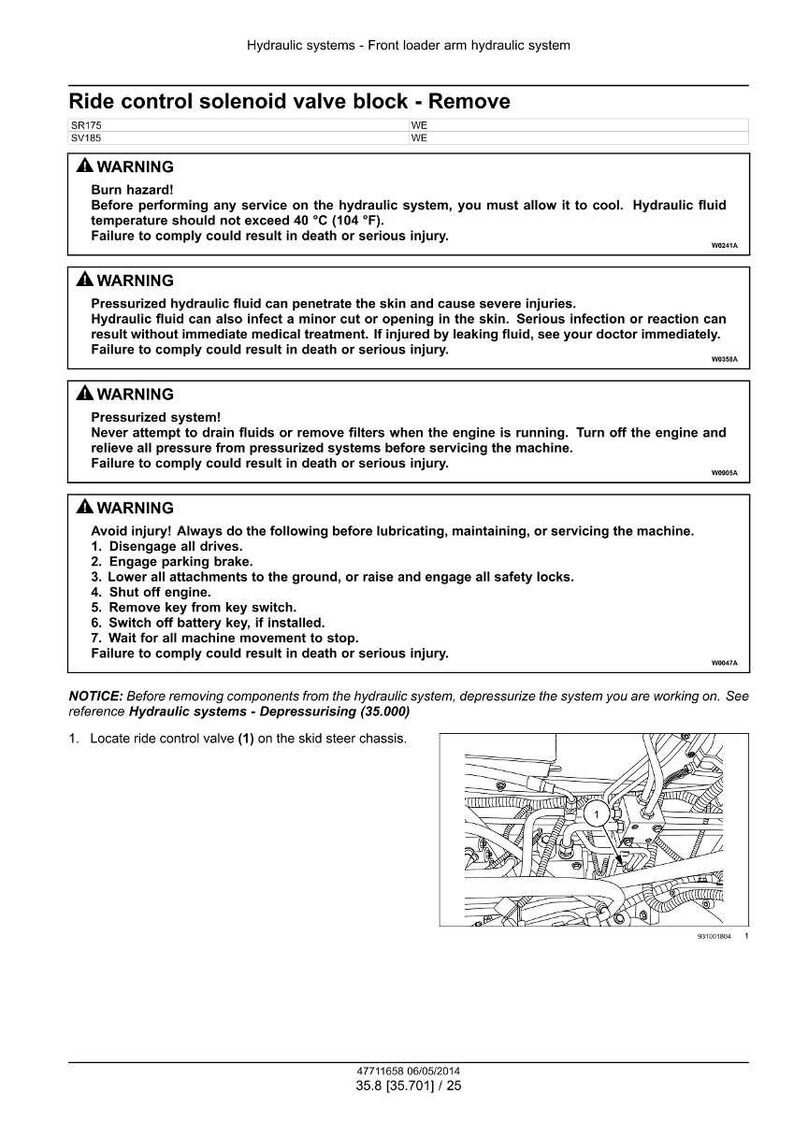 May include: A technical diagram detailing the removal of a ride control solenoid valve block from a hydraulic system. The document includes safety warnings about burn hazards and pressurized fluids, with instructions and diagrams.