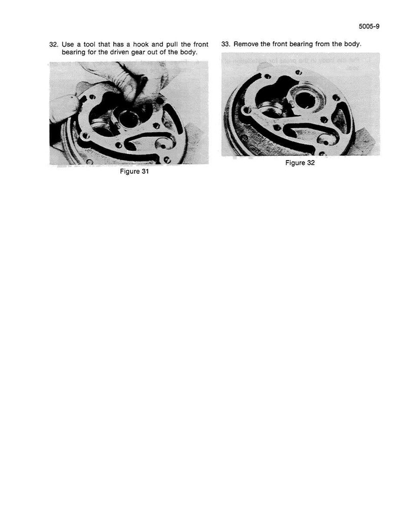 May include: Two black and white images from a manual. Figure 31 shows a tool removing a part from a circular component. Figure 32 shows the component with the part removed. Text includes instructions and figure numbers.