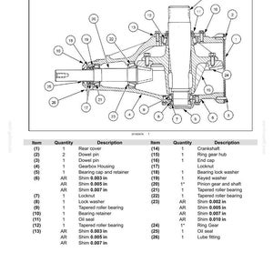 May include: Sectional diagram of a gearbox, labelled SB521, SB531, and SB541. The diagram shows components including a rear cover, dowel pins, gearbox housing, and tapered roller bearings. Measurements are in inches.