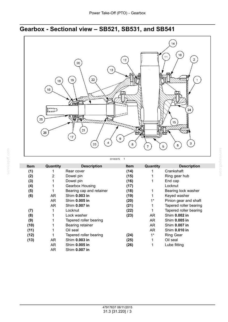 May include: Sectional diagram of a gearbox, labelled SB521, SB531, and SB541. The diagram shows components including a rear cover, dowel pins, gearbox housing, and tapered roller bearings. Measurements are in inches.