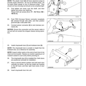 May include: A technical manual page titled Residue handling - Positive Straw Discharge (PSD) featuring three black and white line drawings with numbered callouts for mechanical assembly, including a conveyor shaft, sensor connector, and doors.