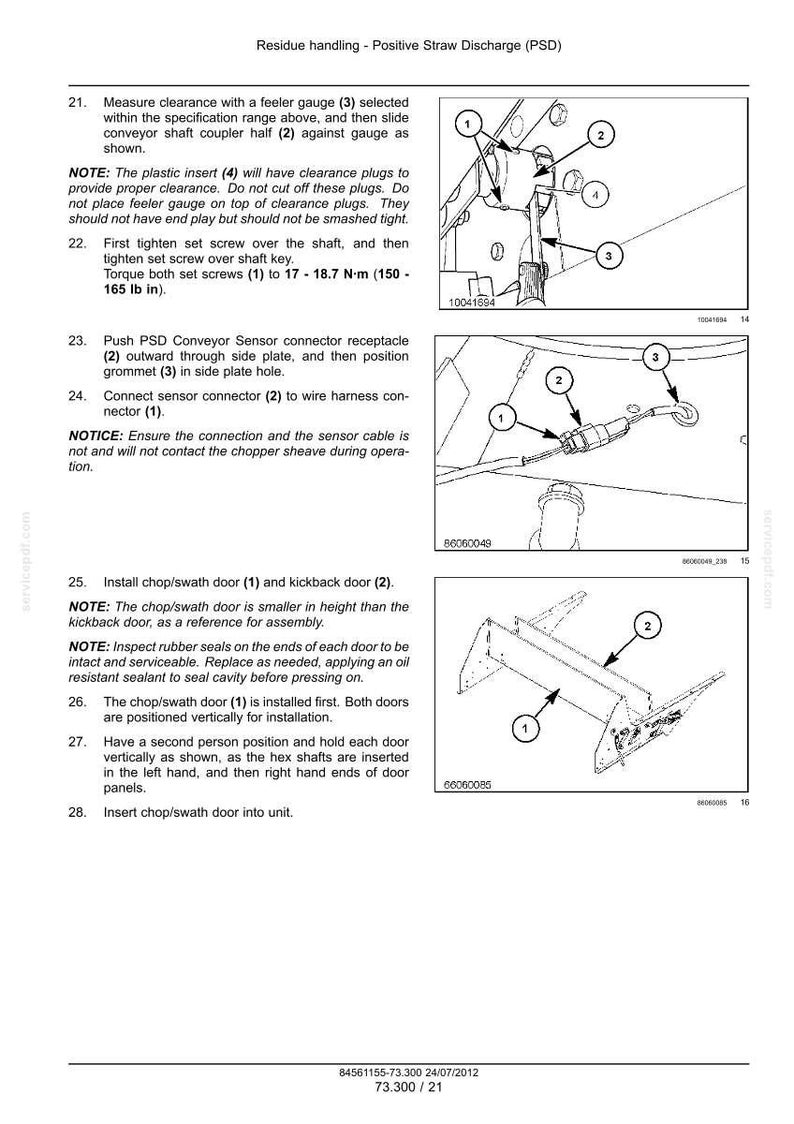 May include: A technical manual page titled Residue handling - Positive Straw Discharge (PSD) featuring three black and white line drawings with numbered callouts for mechanical assembly, including a conveyor shaft, sensor connector, and doors.