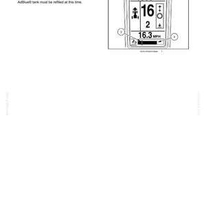 May include: A technical manual page titled 3-CONTROLS AND INSTRUMENTS showing a Diesel Exhaust Fluid (DEF)/AdBlue level gauge. The diagram displays a digital dashboard interface with numerical readouts of 1800 r/min, 16, 2, and 16.3 MPH.