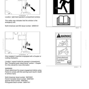 May include: A technical manual page titled 2-SAFETY INFORMATION featuring two diagrams of machinery safety decals. The top shows an emergency exit sign with a running figure. The bottom shows a warning sign with a loader attachment diagram.
