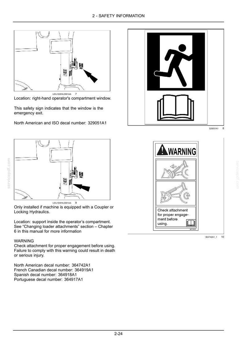 May include: A technical manual page titled 2-SAFETY INFORMATION featuring two diagrams of machinery safety decals. The top shows an emergency exit sign with a running figure. The bottom shows a warning sign with a loader attachment diagram.