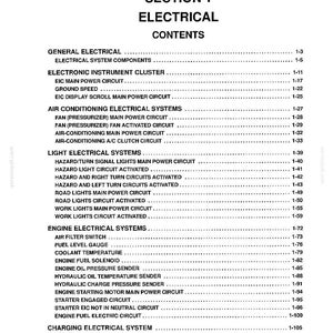 May include: A black and white technical document page titled SECTION 1 ELECTRICAL CONTENTS. It lists various electrical system categories and sub-circuits with corresponding page numbers, including electronic instrument clusters, air conditioning, lights, engine systems, and charging systems.