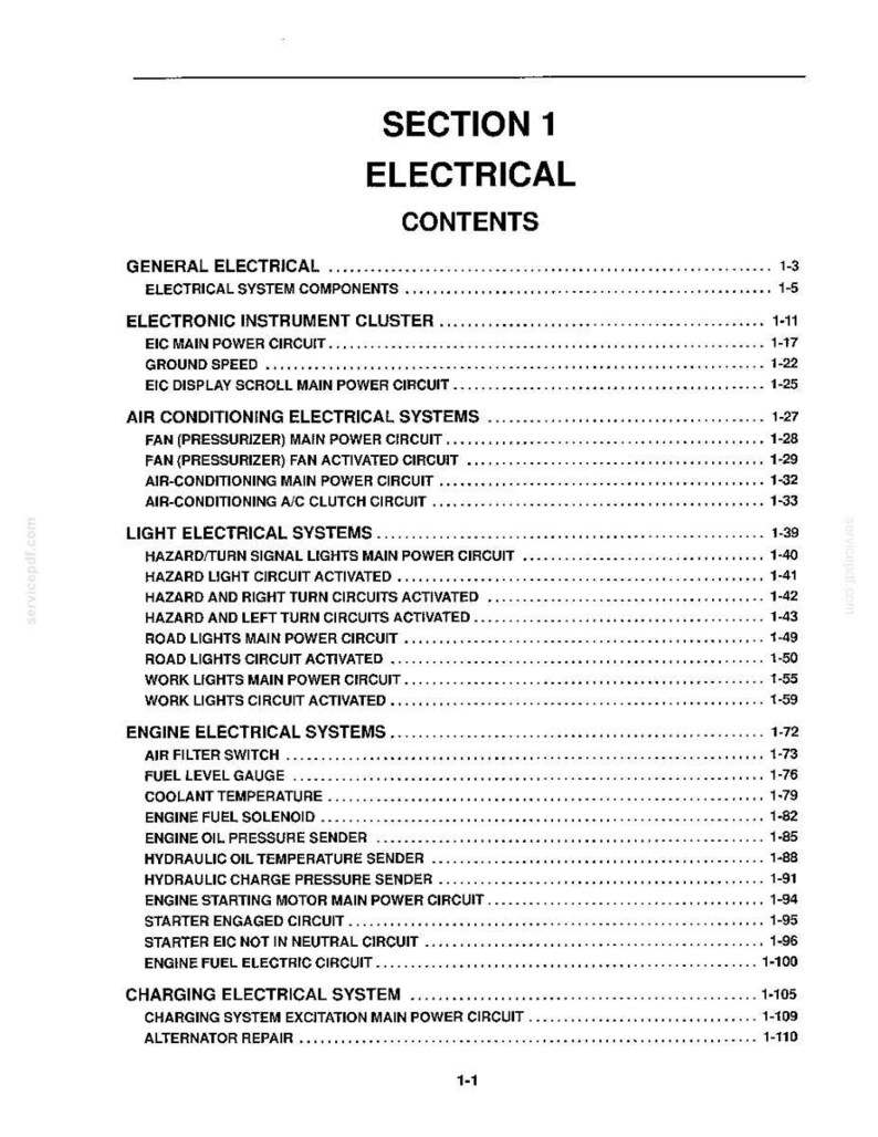 May include: A black and white technical document page titled SECTION 1 ELECTRICAL CONTENTS. It lists various electrical system categories and sub-circuits with corresponding page numbers, including electronic instrument clusters, air conditioning, lights, engine systems, and charging systems.