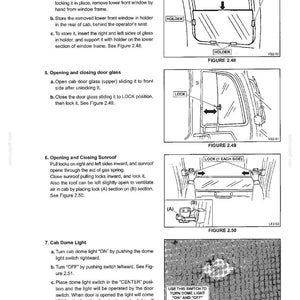 May include: A technical manual page titled Section II - MACHINE FAMILIARISATION, featuring four black and white line drawings labelled Figure 2.48 through 2.51, illustrating instructions for removing windows, operating door glass, sunroofs, and dome lights.