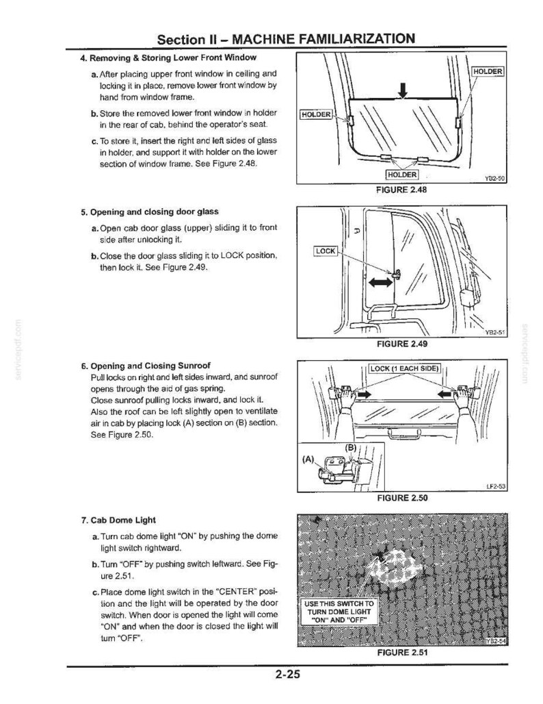 May include: A technical manual page titled Section II - MACHINE FAMILIARISATION, featuring four black and white line drawings labelled Figure 2.48 through 2.51, illustrating instructions for removing windows, operating door glass, sunroofs, and dome lights.
