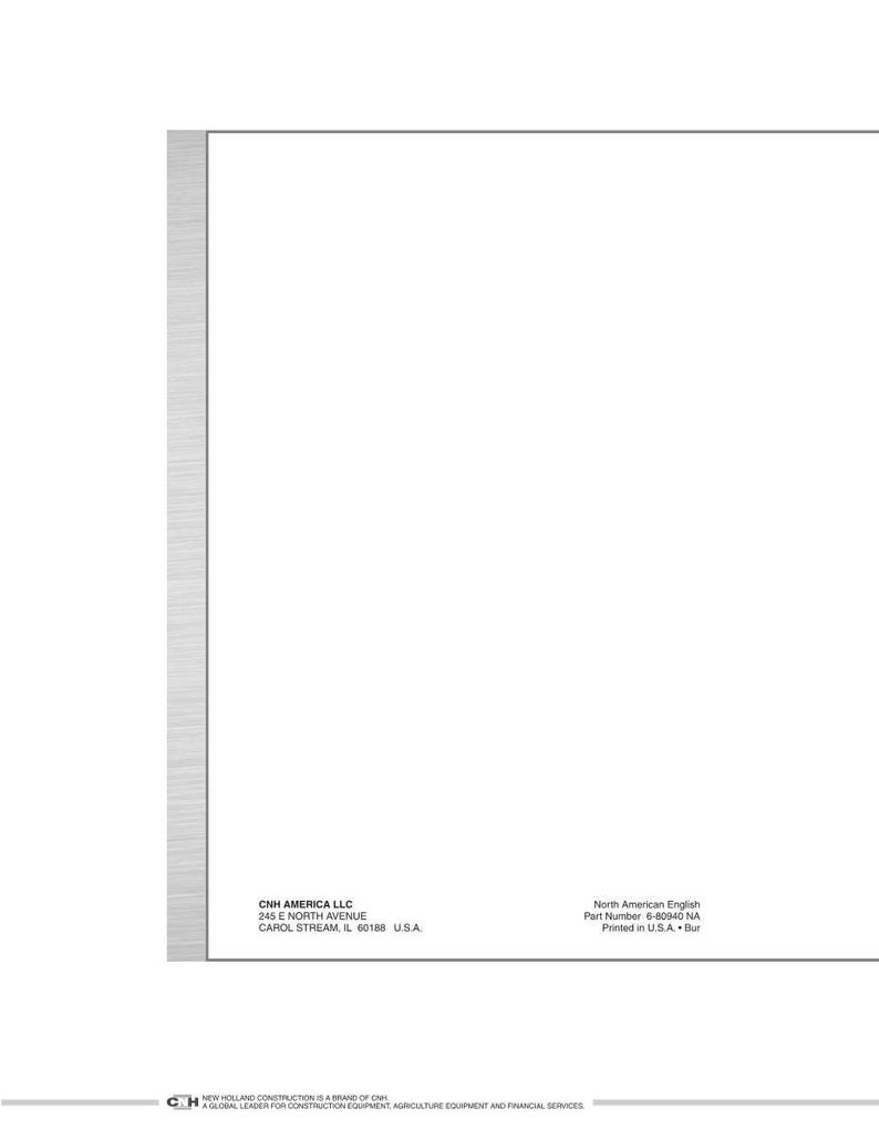Puede incluir: Documento blanco con una franja vertical gris a la izquierda. El texto incluye "CNH AMERICA LLC" y una direcci&oacute;n. El texto adicional indica "North American English" y un n&uacute;mero de pieza. El documento est&aacute; impreso en EE. UU.