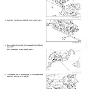 May include: Diagram of hydraulic systems with remote control valves. The image shows detailed illustrations of the assembly process, including the installation of remote valve components, pipes, and bolts. The text provides step-by-step instructions.