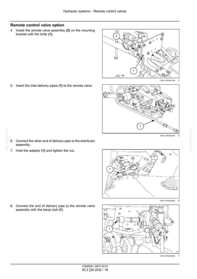 May include: Diagram of hydraulic systems with remote control valves. The image shows detailed illustrations of the assembly process, including the installation of remote valve components, pipes, and bolts. The text provides step-by-step instructions.
