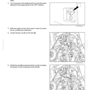 May include: Diagram illustrating the removal of a compressor drive belt. The image includes numbered steps and close-up views of engine components, including a jam nut, stud, and drive belt. Text instructions are also included.