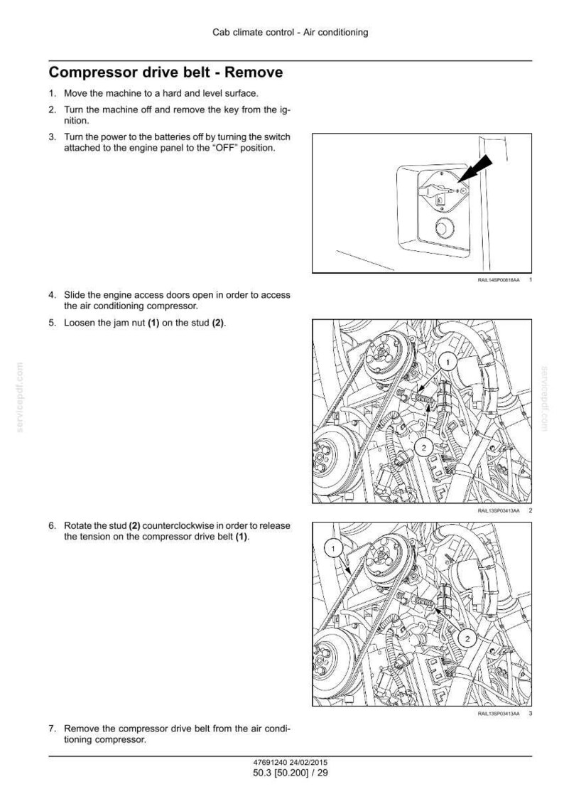 May include: Diagram illustrating the removal of a compressor drive belt. The image includes numbered steps and close-up views of engine components, including a jam nut, stud, and drive belt. Text instructions are also included.