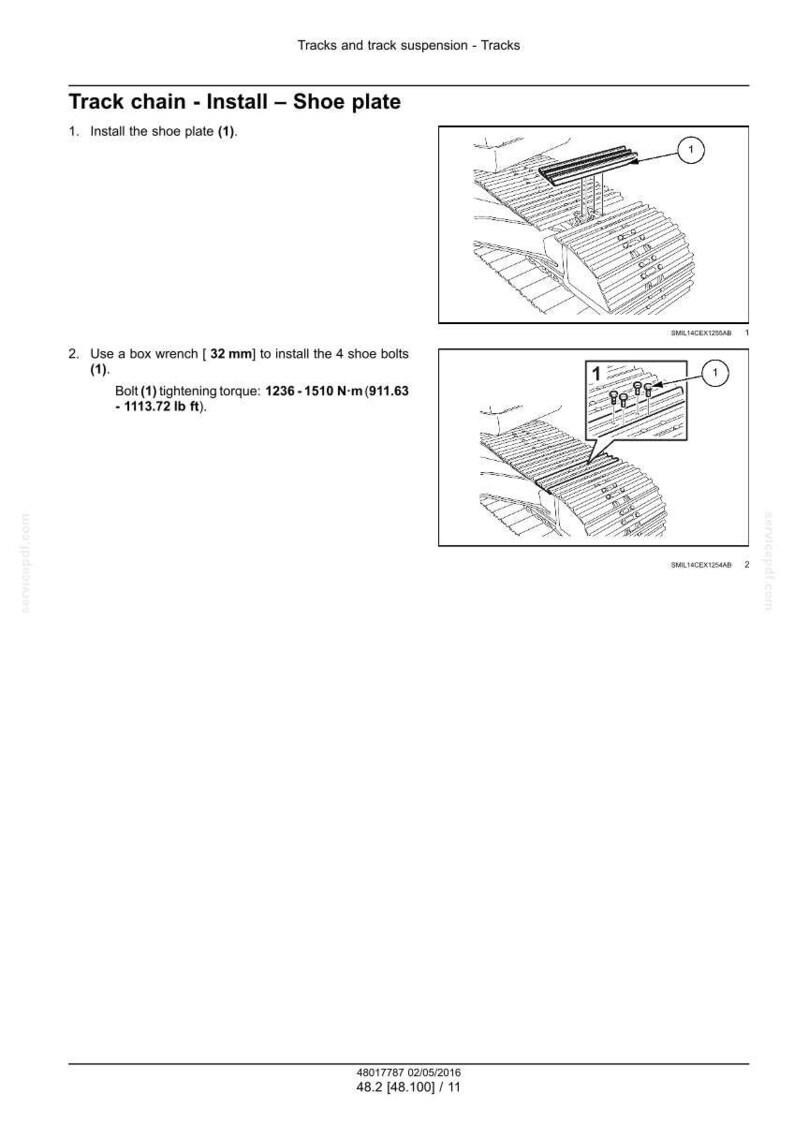 Puede incluir: Diagrama que ilustra la instalaci&oacute;n de una placa de zapata en una cadena de orugas. El texto incluye instrucciones para usar una llave de boca y el par de apriete de los pernos en Newton-metros y libras-pie.