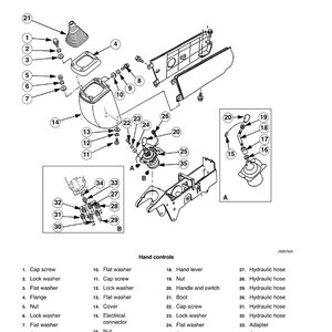 Puede incluir: Un diagrama expl&iacute;cito de componentes mec&aacute;nicos etiquetado como "Instalaci&oacute;n". La imagen incluye varias piezas como tornillos, arandelas, tuercas, una palanca y mangueras hidr&aacute;ulicas. El texto incluye "Controles manuales" y n&uacute;meros de pieza.