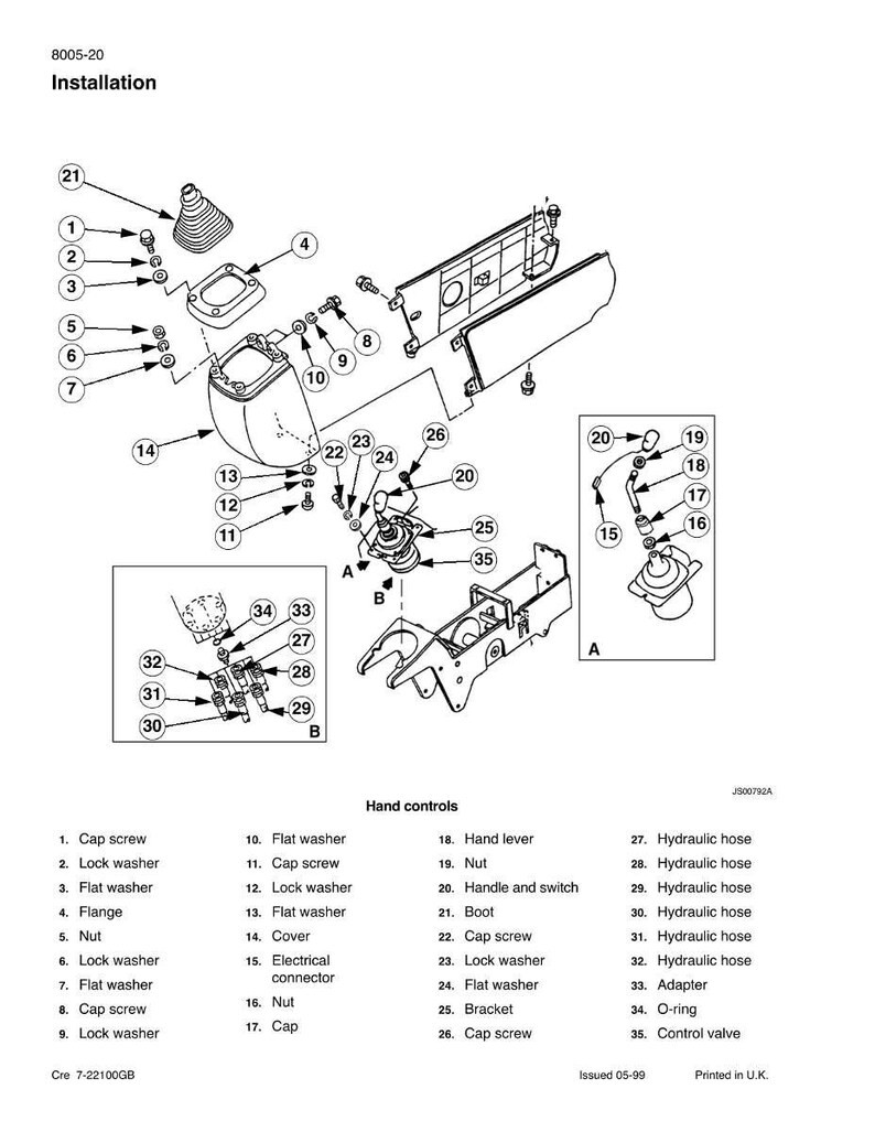 Puede incluir: Un diagrama expl&iacute;cito de componentes mec&aacute;nicos etiquetado como "Instalaci&oacute;n". La imagen incluye varias piezas como tornillos, arandelas, tuercas, una palanca y mangueras hidr&aacute;ulicas. El texto incluye "Controles manuales" y n&uacute;meros de pieza.