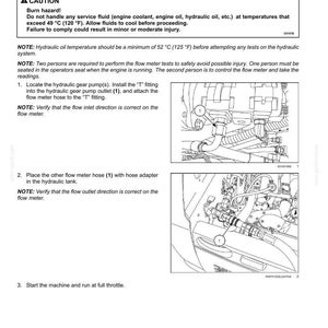 May include: Diagram of hydraulic system components with text instructions for testing circuit leakage. Includes illustrations of hoses, fittings, and a gear pump. Safety warnings are also included.