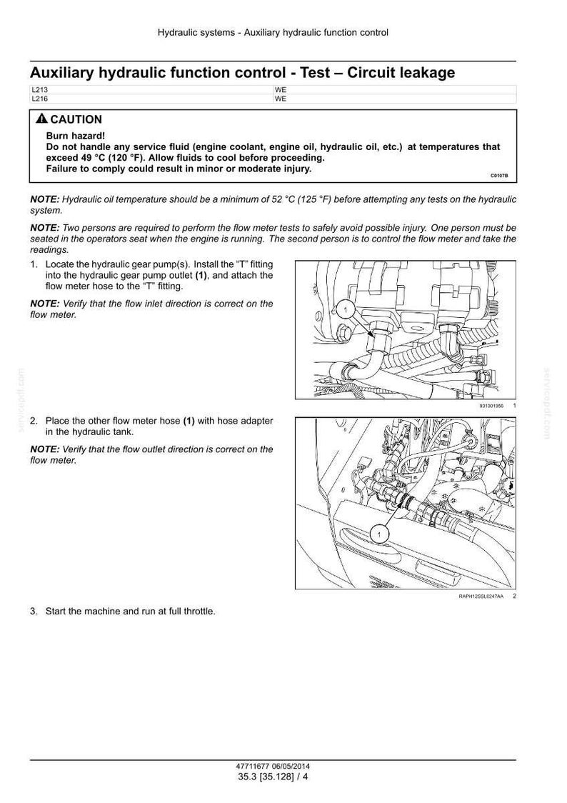 May include: Diagram of hydraulic system components with text instructions for testing circuit leakage. Includes illustrations of hoses, fittings, and a gear pump. Safety warnings are also included.