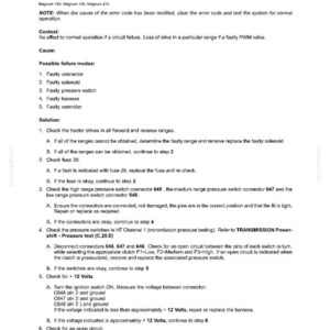 May include: A document with the title "2314-Forward Pressure Switch - Open Circuit Or Short To Ground". The document provides troubleshooting steps for a tractor's distribution system, including checking connectors, fuses, and voltage.