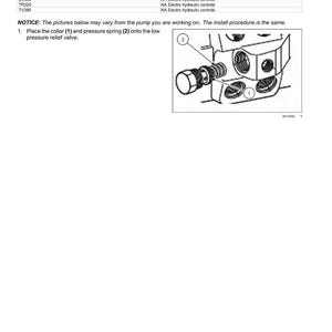 May include: Diagram of pump and motor components with instructions for installing a charge pressure relief valve. The image includes a detailed illustration of the valve assembly, with numbered components and labels for easy identification. Text provides installation steps.