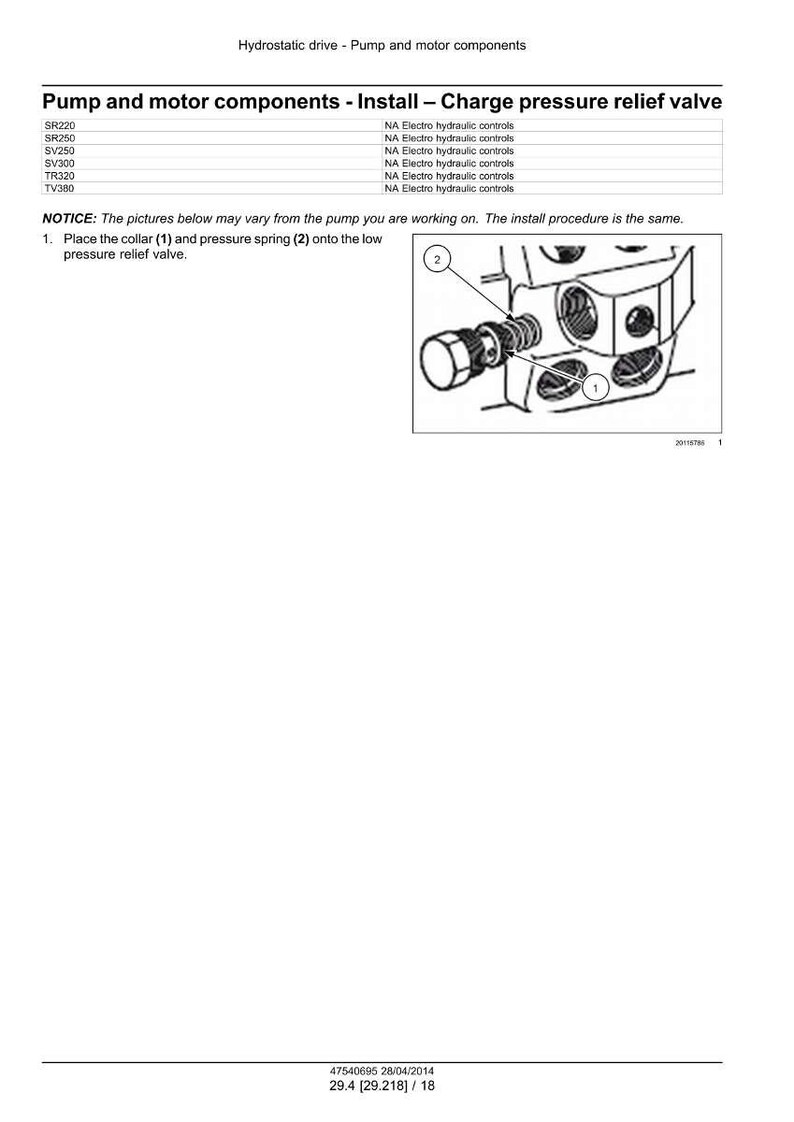 May include: Diagram of pump and motor components with instructions for installing a charge pressure relief valve. The image includes a detailed illustration of the valve assembly, with numbered components and labels for easy identification. Text provides installation steps.