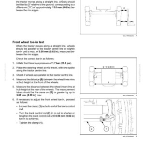 May include: Diagrams and instructions for front wheel testing on a tractor. Includes illustrations for wheel camber and toe-in tests, with measurements in inches and psi.