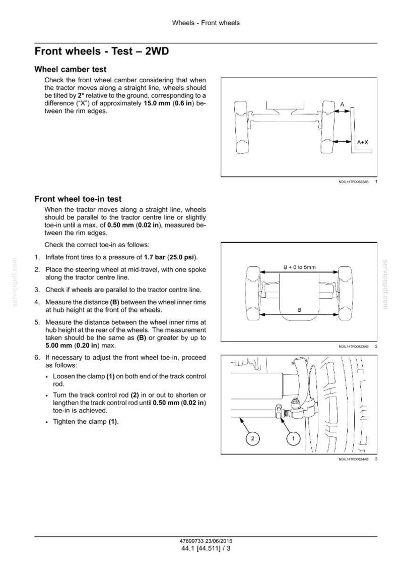 May include: Diagrams and instructions for front wheel testing on a tractor. Includes illustrations for wheel camber and toe-in tests, with measurements in inches and psi.