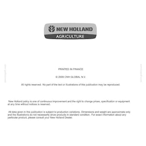 May include: A white document with the "NEW HOLLAND AGRICULTURE" logo in gray and white. The document includes text about technical publications and copyright information. The document was printed in France.