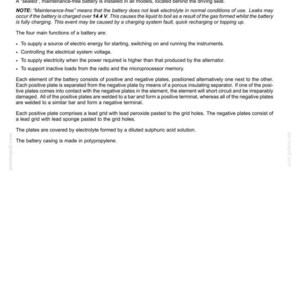 May include: A page from a manual detailing the description and operation of a car battery. The text explains the battery's functions, including supplying power and controlling voltage. It also describes the battery's internal components and construction.