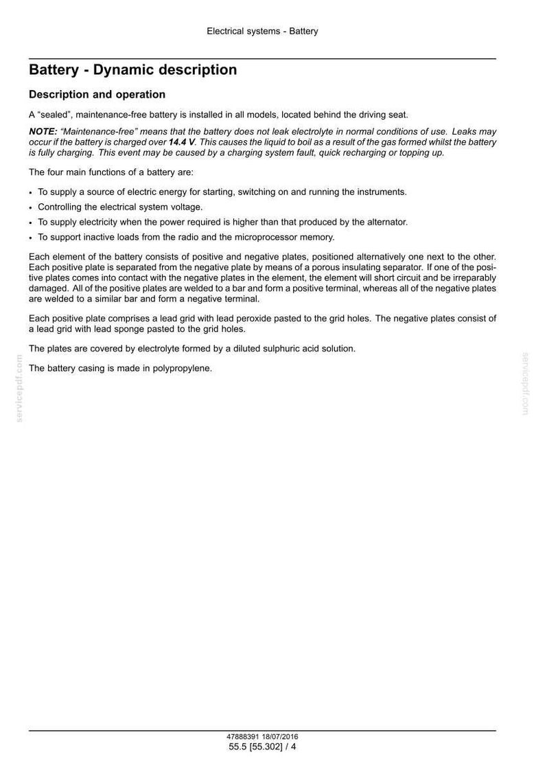 May include: A page from a manual detailing the description and operation of a car battery. The text explains the battery's functions, including supplying power and controlling voltage. It also describes the battery's internal components and construction.