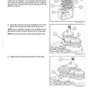 May include: Diagram of a powershift transmission assembly with numbered components. Includes detailed instructions for rear housing, clutch placement, and gear positioning. Text includes notes on bearing replacement and special tools.