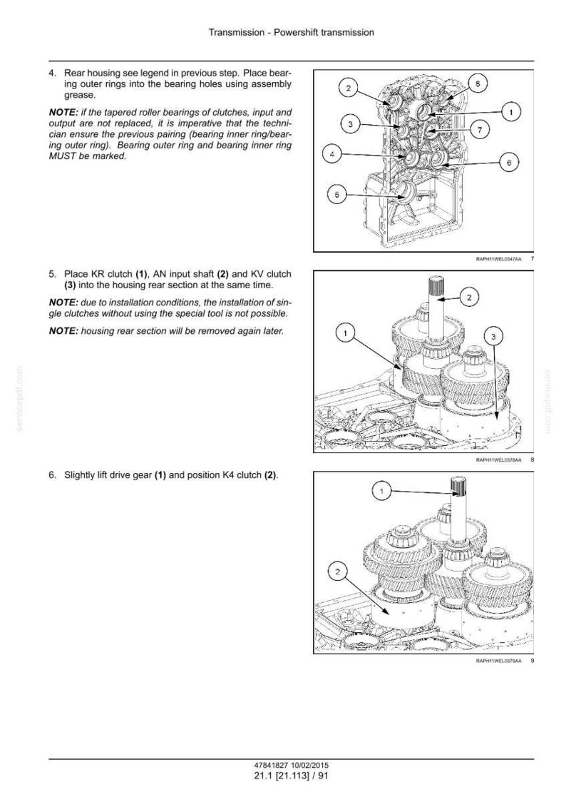 May include: Diagram of a powershift transmission assembly with numbered components. Includes detailed instructions for rear housing, clutch placement, and gear positioning. Text includes notes on bearing replacement and special tools.