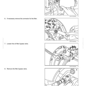 Puede incluir: Dibujos lineales detallados que ilustran los pasos para quitar un filtro y los componentes asociados de una transmisi&oacute;n powershift. La imagen incluye instrucciones de texto y diagramas para cada paso, como la extracci&oacute;n del filtro y la v&aacute;lvula de derivaci&oacute;n.