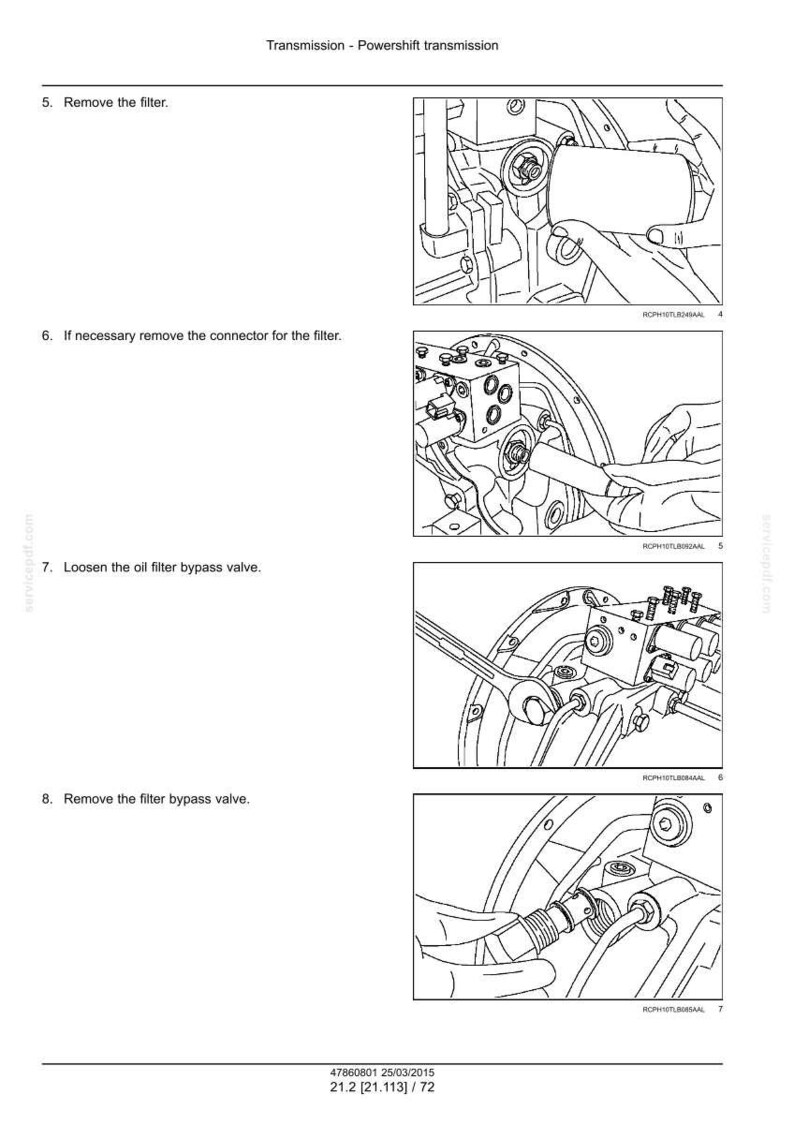 Puede incluir: Dibujos lineales detallados que ilustran los pasos para quitar un filtro y los componentes asociados de una transmisi&oacute;n powershift. La imagen incluye instrucciones de texto y diagramas para cada paso, como la extracci&oacute;n del filtro y la v&aacute;lvula de derivaci&oacute;n.