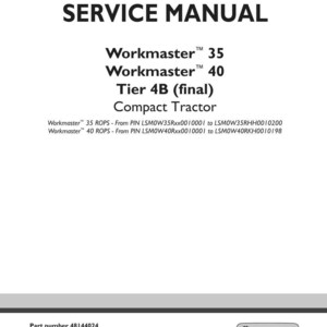 May include: A service manual cover with the title "SERVICE MANUAL" in bold black font. It lists "Workmaster 35", "Workmaster 40", and "Tier 4B (final) Compact Tractor". The New Holland Agriculture logo is in the bottom right.