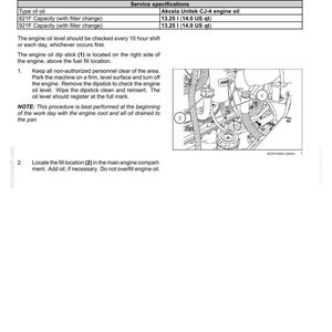 Puede incluir: Una p&aacute;gina de un manual de mantenimiento que detalla las especificaciones y procedimientos del aceite de motor. Incluye un diagrama del motor con ubicaciones de llenado numeradas y una varilla de medici&oacute;n. El texto explica la capacidad de aceite y los procedimientos de verificaci&oacute;n.